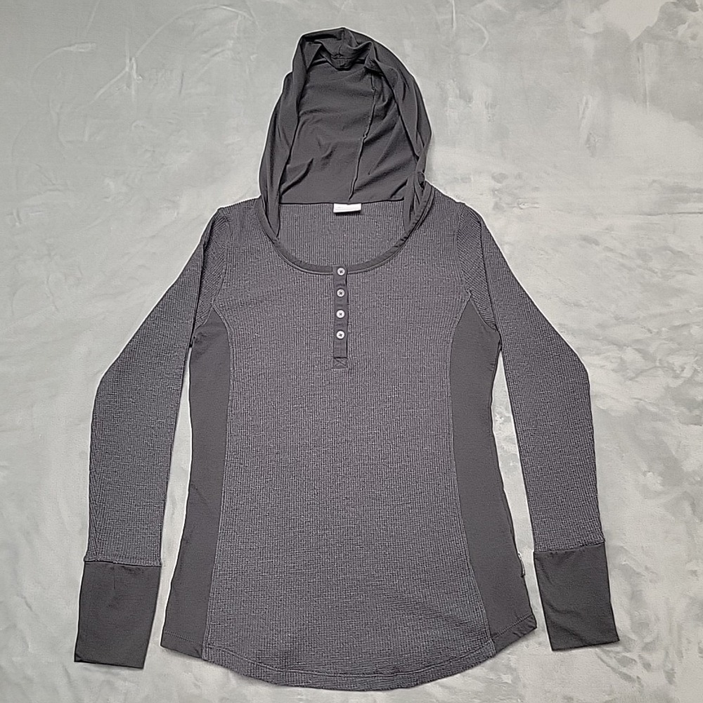 Columbia Hoodie Shirt Womens XL Gray Henley Hooded Waffle Knit Thermal Outdoor